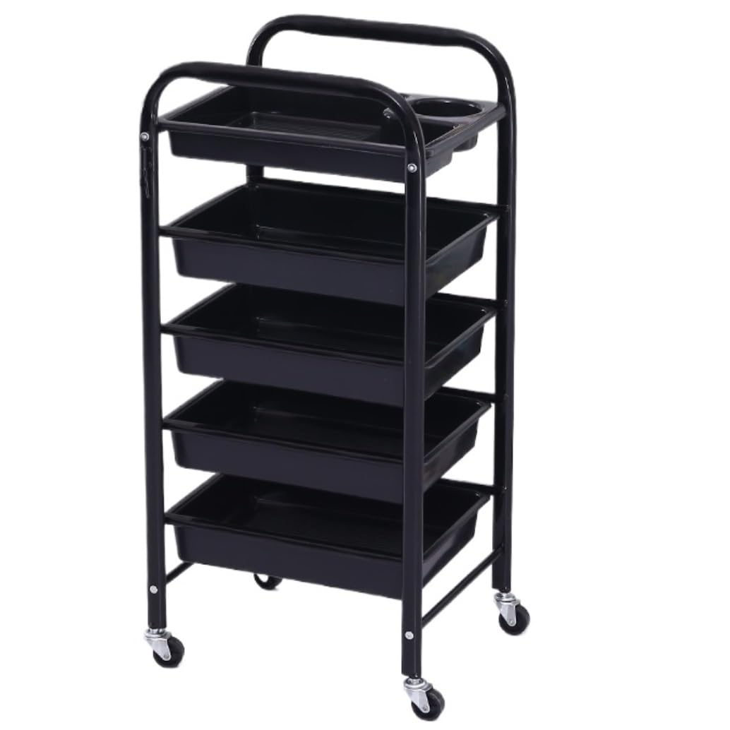 Estetista Carrello per Saloni di Bellezza con Cassetto in PVC per Parrucchiere Porta Asciugacapelli Multiuso Ruota in Ferro Carrello(Black,5-Tiers)