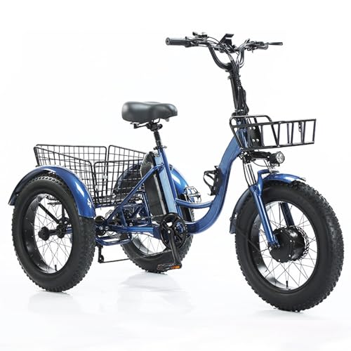 20フィート ファットタイヤ 電動パワーアシストバイク 三輪車 大人用 快適な乗り心地 ヘッドライト + LCDディスプレイ + リアカーゴバスケット 調節可能なシート 最大荷重: 150 kg ブルー