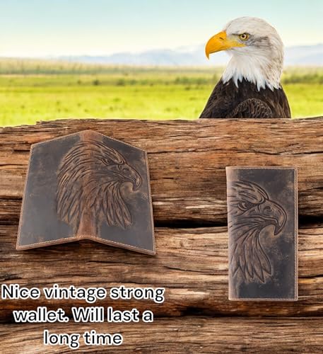 Image of F&L CLASSIC Men's RFID Vintage Look Genuine Leather Long Bifold Wallet Checkbook Wallets,brown eagle head,240-102