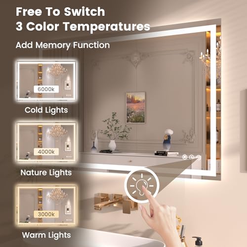 40"X36" LED Bathroom Mirror with Front Lights and Backlit, Anti-Fog, Dimmable, Shatter-Proof Tempered Glass, Lighted Bathroom Vanity Mirror for Wall with 3 Colors, Memory Function