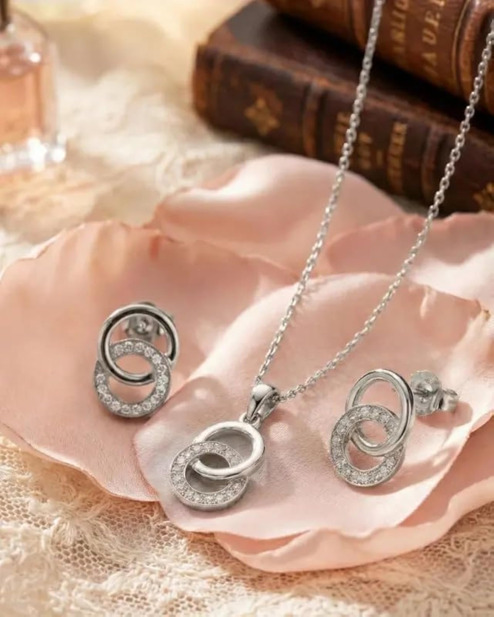 Women's 925 Interlocking Eternal Circles Necklace & Stud Earrings Set