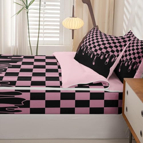 Image of Black Pink Checkered Zipper Bedding 4 Piece Comforter Set - Full Size Zip Up Comforter with Fitted Sheet & 2 Pillowcases,Checkerboard Drip Indie Aesthetic Funky Geometric Bed in a Bag for Kids