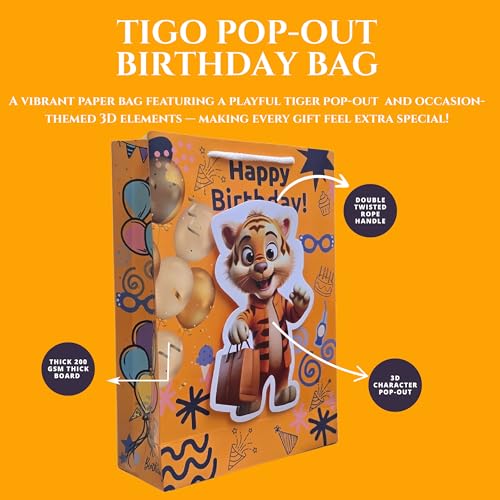 Image of TASCHE 3D Gift Bags for Return Gifts | Pop-Out Paper Bags for Kids Birthday, Baby Shower, Party Favors | 11x8x3 Inches (TIGO POP, Pack Of 40)