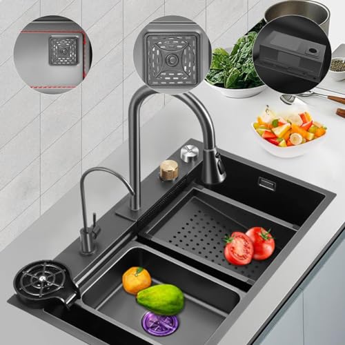 Pia Cuba Gourmet Dupla Cinza escuro Cozinha Aço Inox C/Acessórios Torneira