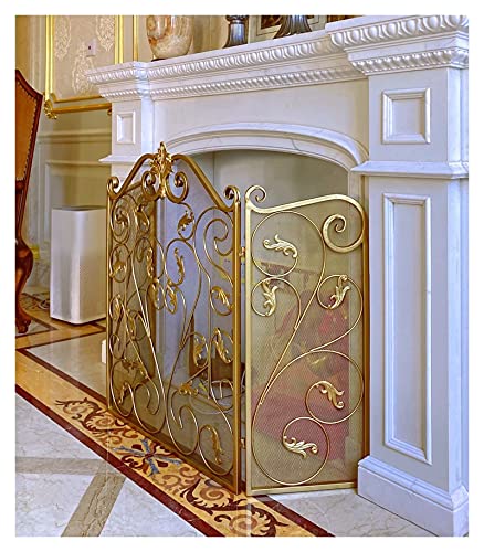 JUNNIU Pare-feu de cheminée doré, Pare-étincelles Pliable à 3 Panneaux avec Grillage, pour Foyer intérieur, poêle à gaz, 61 × 30 × 82 cm Decoration
