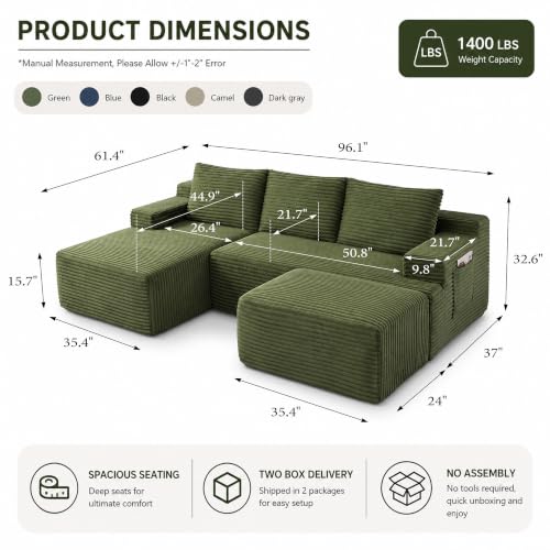 Image of Boneless Couch, Modular Sectional Couches for Living Room, U-Shaped Cloud Couch Sofa with Deep Seat, Fluffy Corduroy Upholstered Corner Sofa