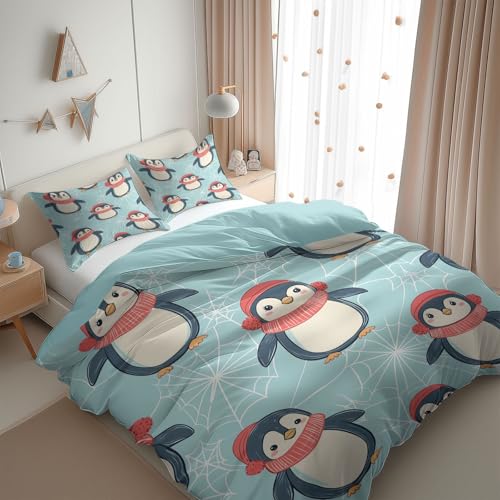 Housse de Couette 90 x 190 cm Pingouin de dessin animé Parure de lit 1 Personne en Polycoton avec Fermeture Éclair Réversible Sets de Housse Couette Bleu...