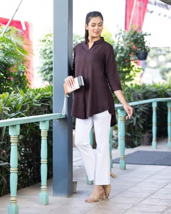 Image of Mlada Rayon Flare Top for Women | 3 /4th Sleeve Regular Fit and Flare Top | Women Office Tops Tunic | Western Long Shirt Top for Women | Shirt Collar Top for Women | Rayon Tunic Tops for Women Western