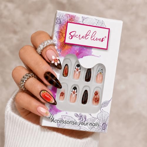 Image of Secret Lives Almond Press-On Nails 3D White,Orange Flower Tortoiseshell Nails with Gold Accents & Zebra French Tip Artificial Nail Art, 24-Piece Set with Kit