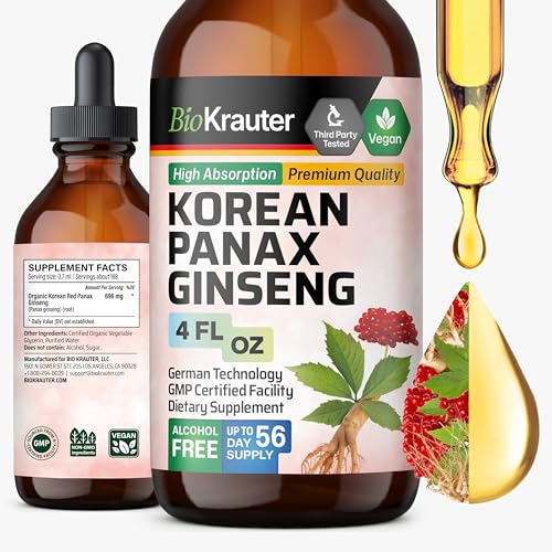 BIO KRAUTER Ginseng Supplement - Pure Vegan Liquid Drops Korean Red Ginseng 696 mg per Serving 4 Fl.Oz 56-Day Supply - Used for Energy Focus Performance & Immune Support - Alcohol & Sugar Free