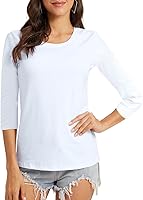 Vista 1 de Camiseta básica de manga 34 con cuello redondo para mujer, estilo casual, de algodón liso y delgado
