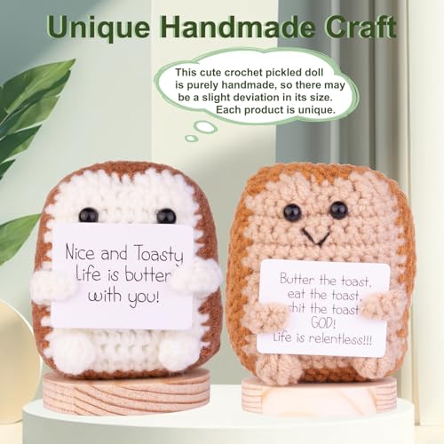 Image of Handmade Emotional Support Toast, Positive Toast Crochet Doll Inspirational Gifts Creative Knitted Holding Card Birthday Christmas Girls Gift Party Decor with Stand(Brown)