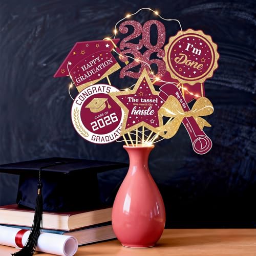 Image of Graduation Decorations for Class of 2026-60pcs Glitter Maroon Party Table Centerpieces Sticks with LED String Lights for College High School 2026 Graduation Party Favors Supplies