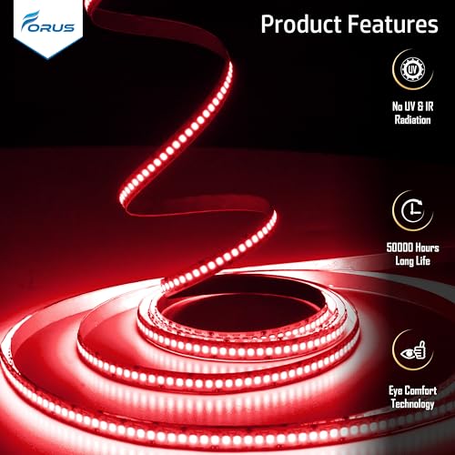 Image of Forus 5 Meter (5M) 10MM Red LED Strip Light, 240 LEDs /M Plug & Play Flexible Lighting for Home Decor, False Ceiling, Pooja Room, Living Room, Kitchen, Mirror, Stairs, 2-Year Warranty