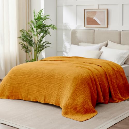 Image of 100% Cotton Muslin Blanket for Adults, 6-Layer, Queen, 90 x 90, Yellow