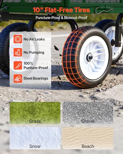 Image of VEVOR 900 LBS Steel Garden Cart, 2 in 1 Handle, Heavy Duty Pullable Garden Wagon with 10 inch Flat-Free Tires, Outdoor Utility Yard Wagon Cart with Detachable Side Panels, Attach to ATV or Tractor