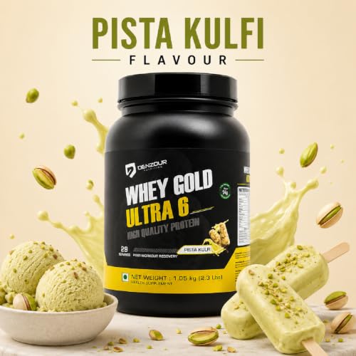 Image of DENZOUR NUTRITION Whey Gold Ultra 6 Starter With 24g Protein | Support Muscle Growth And Maintain A Lean Physique- Pista Kulfi Flavour, 1.05 Kg /2.3 lbs (29 Servings)