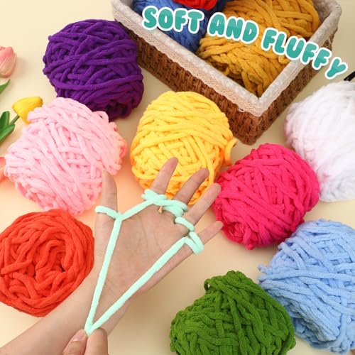 Image of Buryeah 12 Pack Chunky Chenille Yarn for Crocheting Soft Thick Fluffy Yarn for Hand Knitting Bulky Velvet Blanket Plush for Weaving DIY Crafts Each 3.5 oz 55 Yards (Chic Colors)