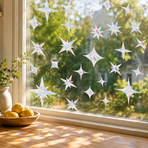 Image of 60 Pcs Star Window Decals to Prevent Bird Strikes - Anti-Collision Window Stickers for Birds, Rainbow Vinyl Suncatcher Stickers, Reusable Static Clings for Bird Window Deterrent, No Glue Needed