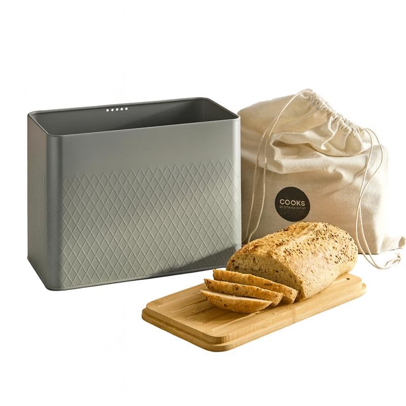 Cooks Professional Bread Bin with Linen Bag & Bamboo Cutting Board Lid | Modern & Stylish Diamond Pattern | Breathable Rectangular Countertop Food Storage Canister for Loaves, Rolls, Pastries | Grey
