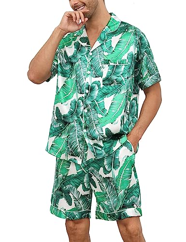 Image of SWOMOG Satin Matching Pajamas Sets Couple Silk Button Down Nightwear Women & Men Short Sleeve Sleepwear 2 Pieces Loungewear