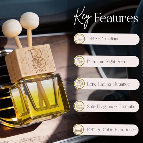 Image of BSOUL Mandarin & Freesia Car Air Vent Clip Perfume 8ml Pack Of 2 | Premium Wooden Car Diffuser with Essential Oils | Fresh Floral Citrus Fragrance | Long-Lasting Luxury Car Air Freshener (Yellow)