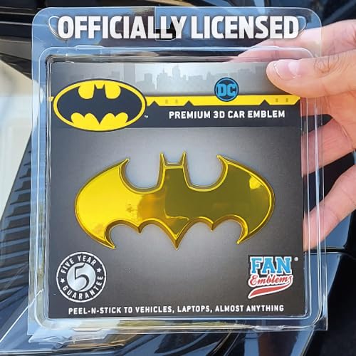 Image of Fan Emblems Batman 3D Car Badge - 1989 Batwing Logo (Yellow Chrome: 3.8 x 1.8 x 0.2 inches)