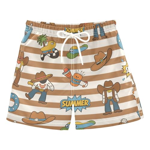 Brown White Vintage Western Cowboy Boys Swim Trunks Youth Swimsuits Quick Dry with Liner Beach Hawaii Vacation 2T