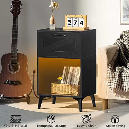 Lerliuo Nightstand With Charging Station And Led Lights, Night Stand With Usb Ports And Outlets, Modern Bedside Table With Drawer And Storage Shelf, Black Smart Side Tables For Bedroom #TOP6