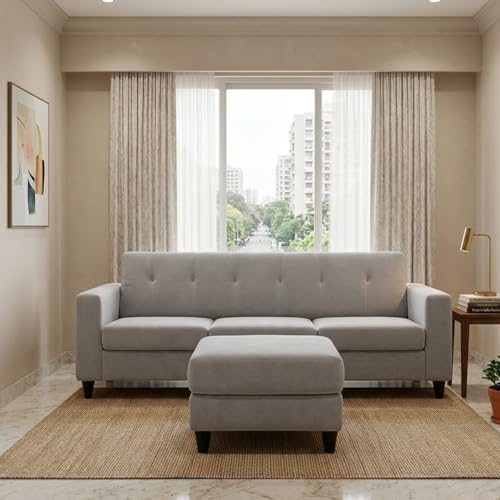 Image of Homeboy 4 Seater L Shape Sofa Set with Movable Ottoman | Flexible Left or Right Layout | Luxe Velvet Suede Fabric | Comfortable Seating | Modern Sofa for Living Room -Light Gray