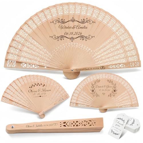 Personalized Wedding Fans for Guests Bulk Custom Wooden Handheld Folding Fans for Wedding Favors Baby Showers & Birthday & Party Gifts | Favors for Guests with Organza Bags & Tassels (30Pcs)