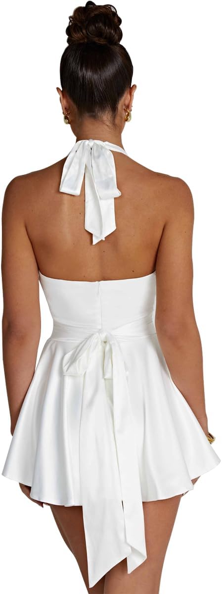 LuFeng Women's Sexy Sleeveless Halter Deep V Neck Backless Tie Back Waist Flowy Drape Satin Cocktail Mini Dress - Image 6
