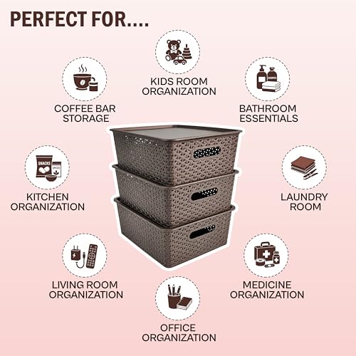 Image of JD Fresh Pack of 3 Premium Plastic Storage Basket with Lid /Smooth Handle Design & Stackable Storage Organizer /Durable Kitchen Storage Basket for Clothes, Vegetables, Fruits, Toys and Stationery(Brown)