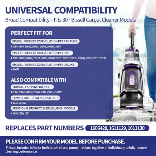 Image of Replacement Belt Set for Bissell ProHeat 2X Revolution Pet Pro Carpet Cleaner - Fits 1986,1548,1551,2007,1964,2007P - Replaces 1606428,1611129,1611130 - 3 Types: Flat,Brush & Gear Belts (3-Pack)