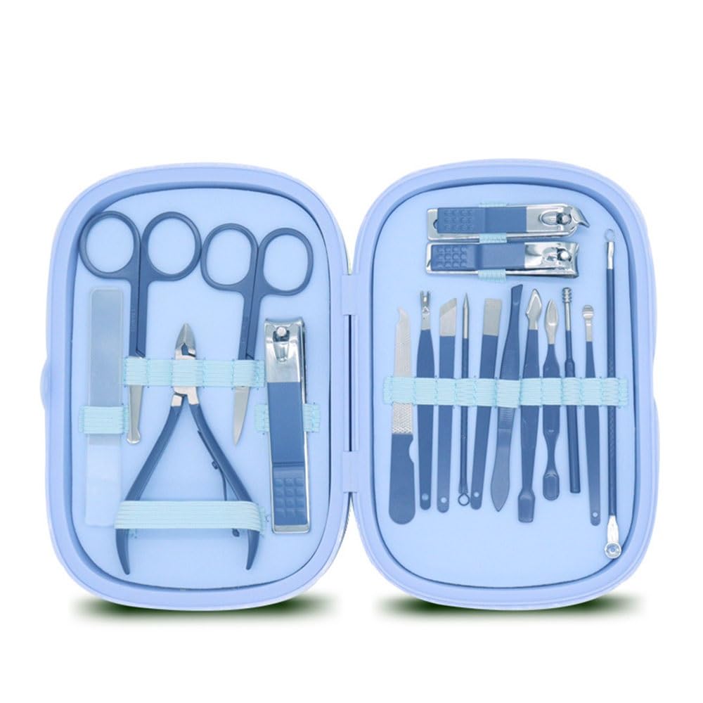 Kit De Manucure 18 Pièces en Acier Inoxydable, Coupe-Ongles en Acier Inoxydable, Ensemble Complet, Boîte À Étuis À Ongles, Coupe-Ongles, Ensemble De Coupe-Ong,Azul