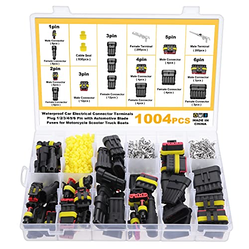 eROOSY 1004 Pièces Imperméable à l'eau Connecteurs, Connecteurs Étanches pour Voiture à 1/2/3/4/5/6 Broches mâle/femelle avec fusibles à lame automobile pour Bateaux Camion Scooter Moto, 23-16AWG