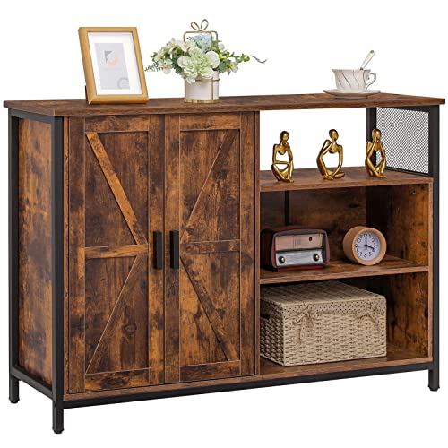 Weenfon Floor Storage Cabinet, Buffet Storage Cabinet With 2 Barn Doors, Industrial Sideboard With Adjustable Shelves, Buffet Table For Dining Room, Living Room, Kitchen, Rustic Brown #TOP26