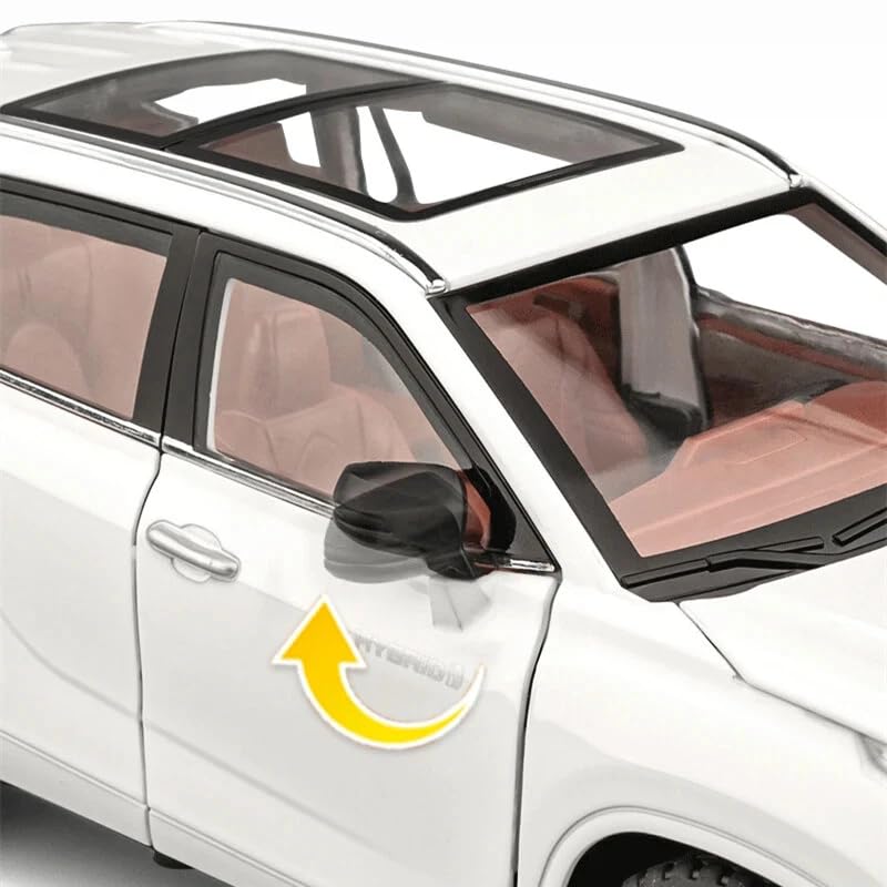 Image of 1:24 Toyota Highlander SUV Model Car - Alloy Diecast Pull Back Toy with Sound, Light & Openable Doors - Gift for Kids Boys Girls (White)