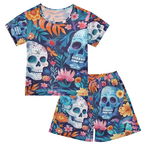 ALAZA Bright Skulls and Flowers Pajama Set Short Sleeve Sleepwear Soft Lounge Nightwear
