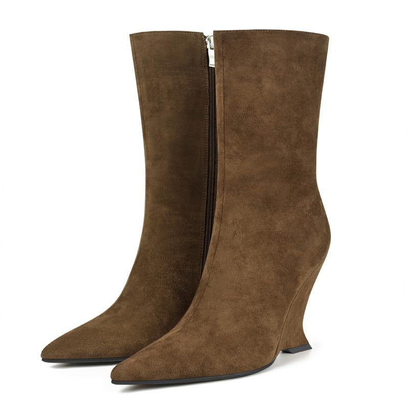 Suede Wedge Heel Ankle Boots for Women Fashion Pointy Mid Calf Side Zipper Booties Comfortable Winter Short Heeled