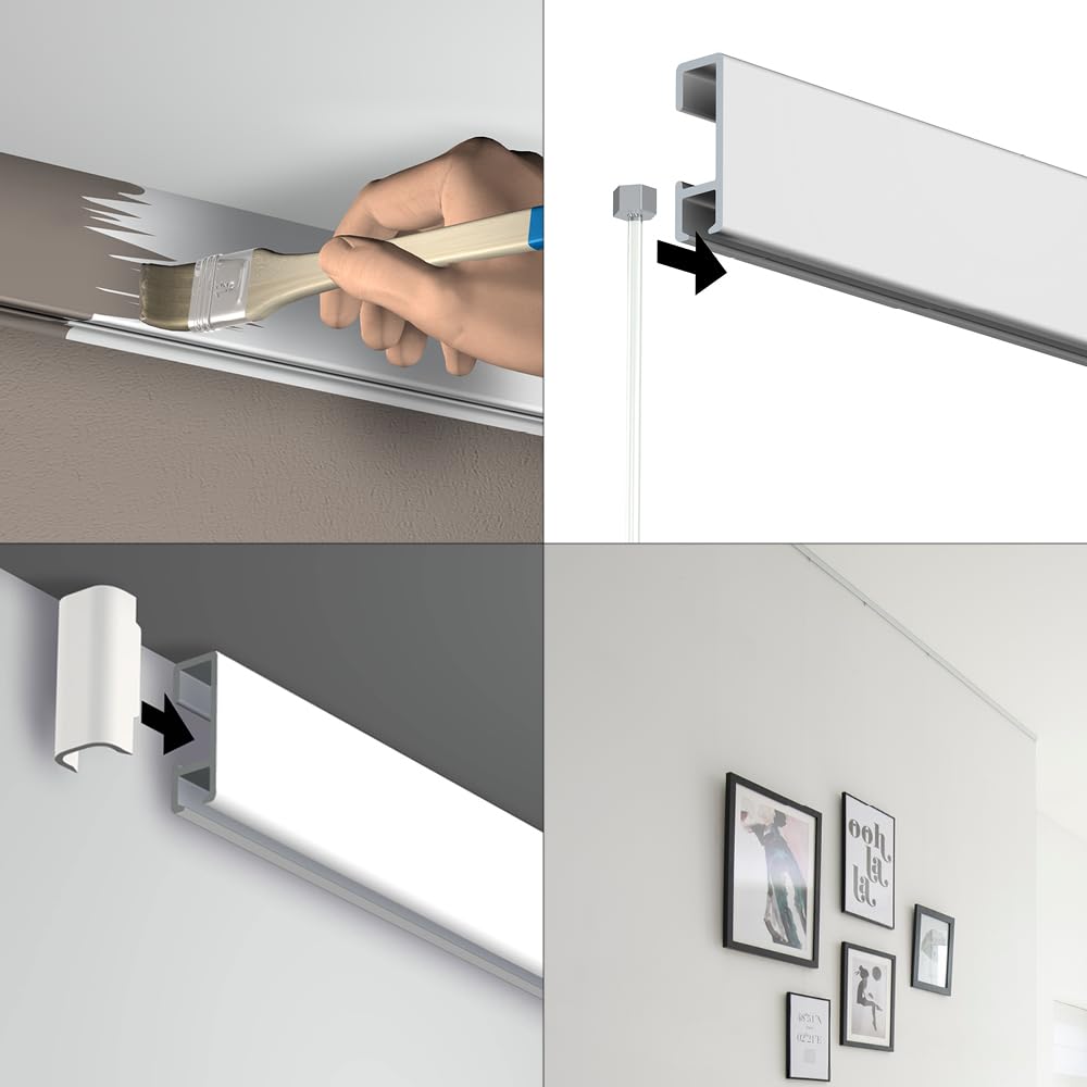 Artiteq Click Rail - Sistema di sospensione per pittura, 600 cm, primer bianco (RAL 9016), set completo di fili, ganci e materiale di fissaggio trasparenti, portata 30 kg p/m