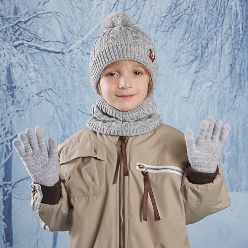 Image of ZOORON Kids Winter Hat Gloves Scarf Set, Girls Boys Hats Beanie with Pom | Children Knit Neck Warmer Mittens Fleece Lined Set Ages for 3-15, Kids Birthdays and Christmas Gifts