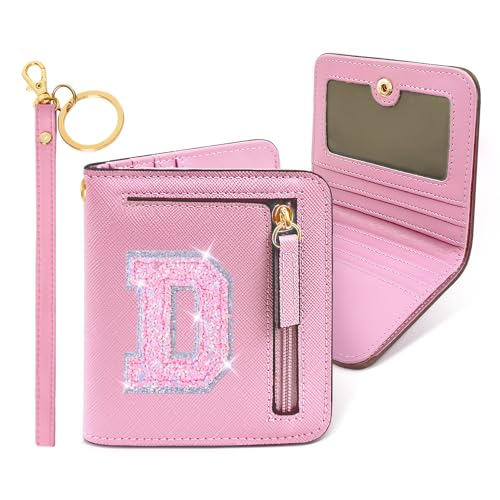 Image of COSHAYSOO Initial Wallet RFID Small Bifold Slim Letter Wallet for Women Teenager Girls Travel Daily Necessities Credit Cards Money Cash Coin Organizer, Pink, Compact, D