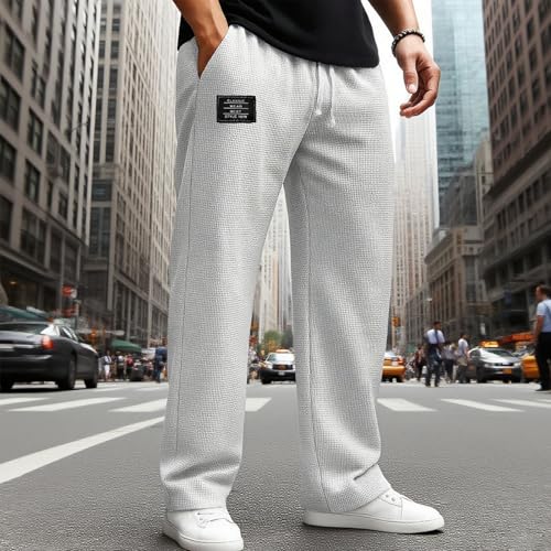 Mokaloha Mens Waffle Pants, Men's Casual Waffle Embroidered Logo Elastic Waist Loose and Comfortable Trousers4