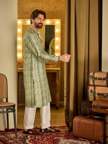 Image of SOJANYA Men's Cotton Silk Printed Green Kurta | Designer Long Ethnic Outfit for Navratri, Garba Nights & Puja