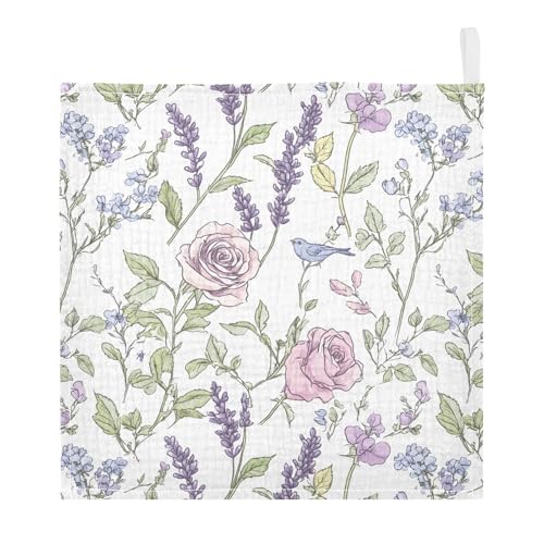Image of Bolaz Washcloths Set Bathroom Kitchen Wash Cloths Face Towels Wipes Lavender Rose Decorative 12x12 Inch 5 Pack