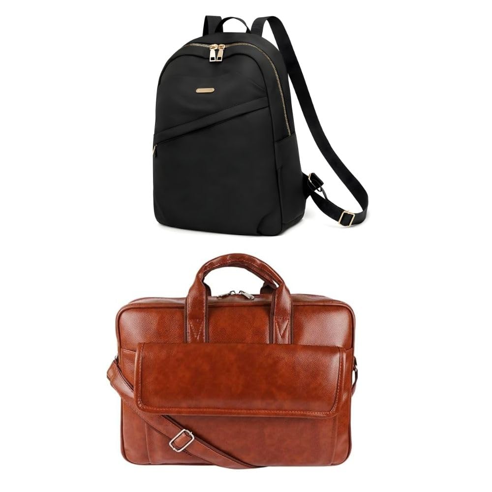 Combo of 2 Bags – Black Backpack for Women & Brown 15.6 Inch Laptop Messenger Bag for Men & Women | Water Resistant Faux Leather Office, College & Travel Bags with Multi Compartments-image-39