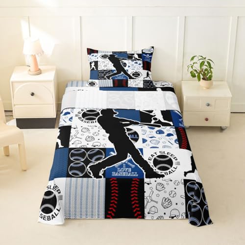 Image of Castle Fairy Baseball Player Bed Sheet Set Twin Size,Sports Geometric Grid Blue Sheet Set Kids Teens,Patchwork Baseball Bedding Decor Set with 1 Flat & 1 Fitted Sheet with 1 Pillow Sham