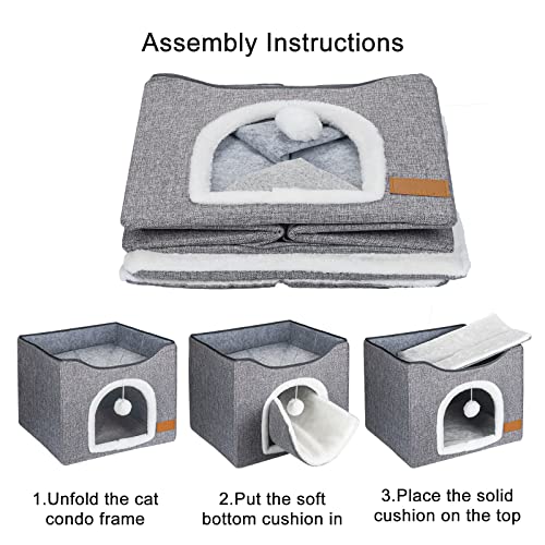 Cat Bed For Indoor Cats, Cat House With Durable Scratching Board And Dangling Toy Ball, Foldable Cat Condo With Reversible Cushions And Large Opening (Grey) #TOP5