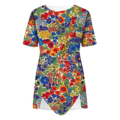 Rpvati Multicolor Xxxxl Shirts For Teens Girls Short Sleeve Crew Neck Comfort Button Down Shirt Flowered Asymmetrical Blouses Tunic Tops Blouse #TOP4